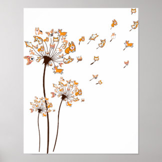 Corgi Flower Fly Dandelion Shirt Cute Dog Lover ポスター