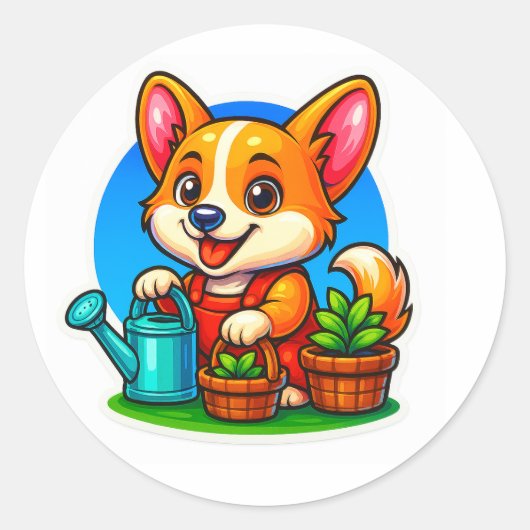 Corgi Gardening Sticker ラウンドシール (正面)