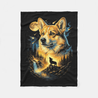 Corgi Howling to The Moon Vintage 90s Funny Dog フリースブランケット