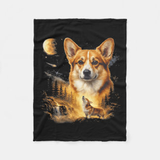 Corgi Howling to The Moon Vintage 90s Funny Dog フリースブランケット
