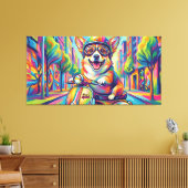 Corgi Hund auf Motorroller Pop Art キャンバスプリント (インサイチュ (リビング))