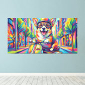Corgi Hund auf Motorroller Pop Art キャンバスプリント (インサイチュ (ウッドフロア))