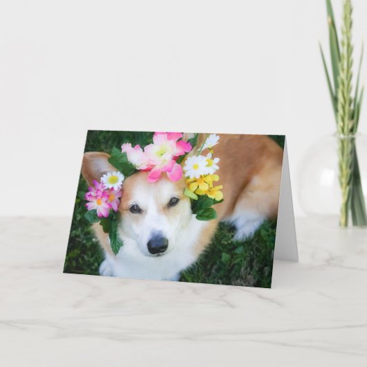 Corgi in Flower Garland誕生日グリーティングカード カード (正面)