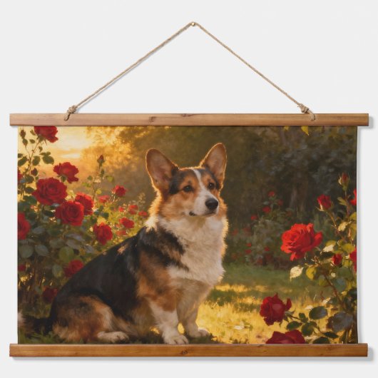 Corgi in the Roses I 吊り下げ型タペストリー (正面)