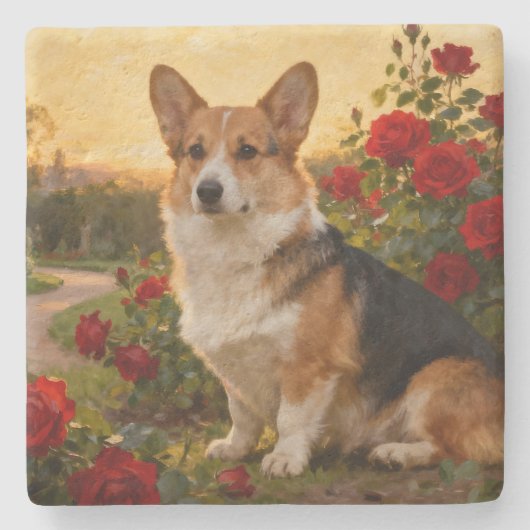 Corgi in the Roses II ストーンコースター (正面)