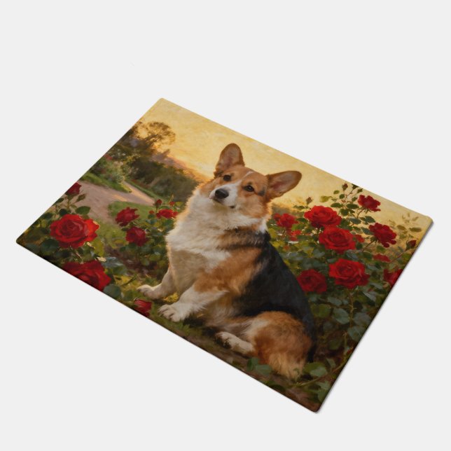 Corgi in the Roses II ドアマット (アングル)