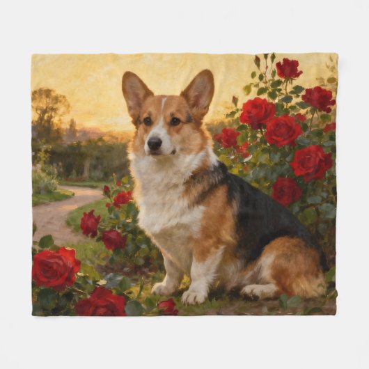 Corgi in the Roses II フリースブランケット (正面(横))