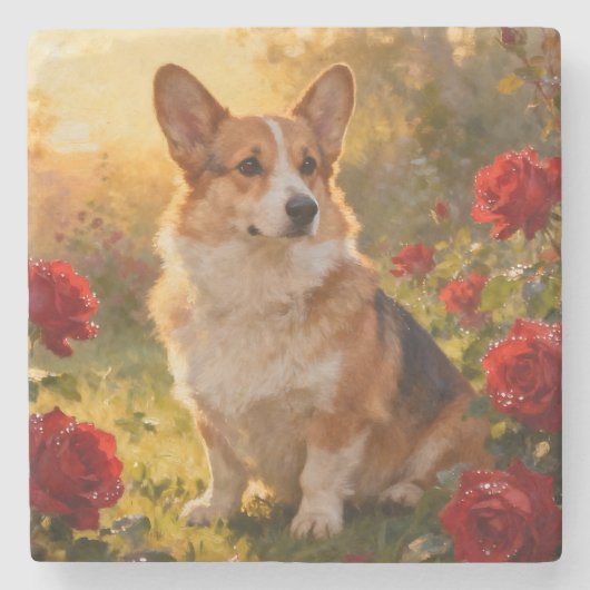 Corgi in the Roses III ストーンコースター (正面)
