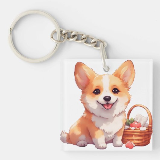 Corgi joyeux avec un panier de pique-nique キーホルダー (正面)