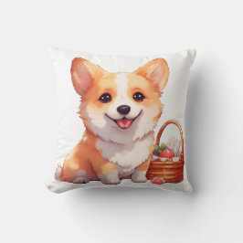Corgi joyeux avec un panier de pique-nique クッション