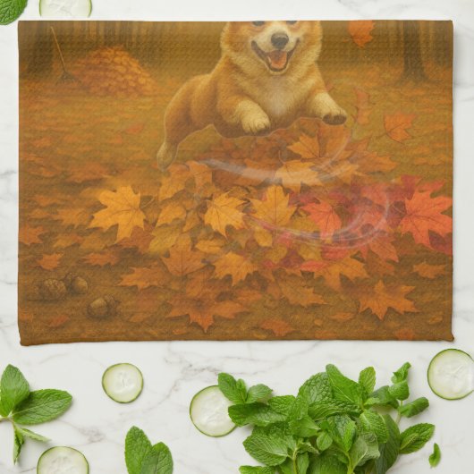 Corgi Leaf Leap Kitchen Towels キッチンタオル (折り畳み)