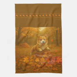 Corgi Leaf Leap Kitchen Towels キッチンタオル