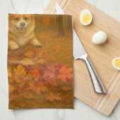 Corgi Leaf Leap Wide Border Kitchen Towels キッチンタオル (四つ折り)
