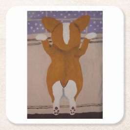 Corgi looking out window スクエアペーパーコースター