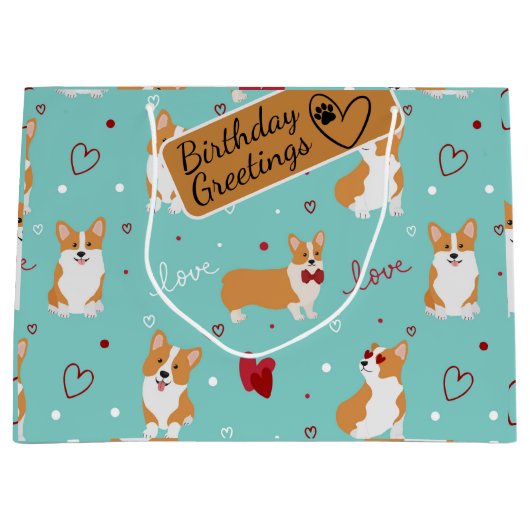 Corgi Love Cartoon Patternとのあいさつカスタム付き ラージペーパーバッグ (正面)