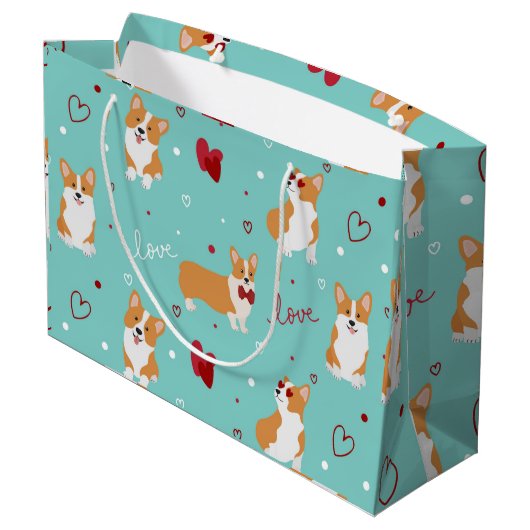 Corgi Love Cartoon Patternとのあいさつカスタム付き ラージペーパーバッグ (裏面アングル)