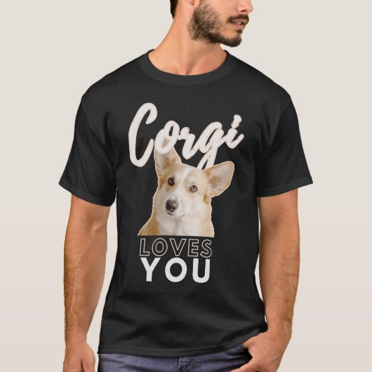 Corgi Loves You Warm Beige Furとブラックコントラスト Tシャツ (正面)