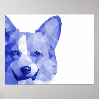 Corgi Low Poly Art in Blue ポスター