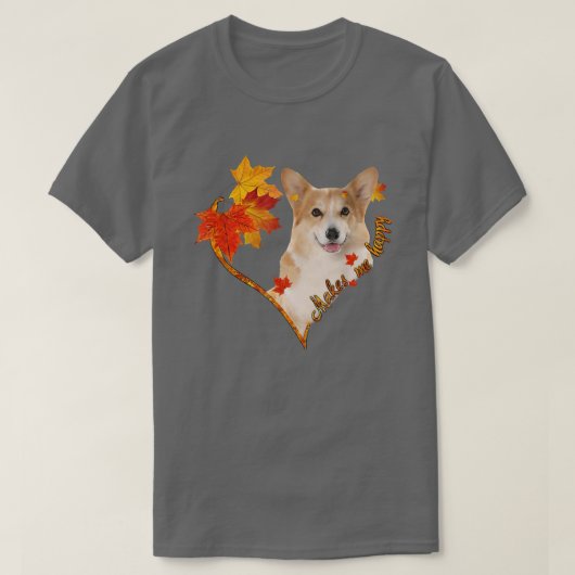 Corgi Makes Me Happy Fall Heart Leaves Tシャツ (デザイン正面)