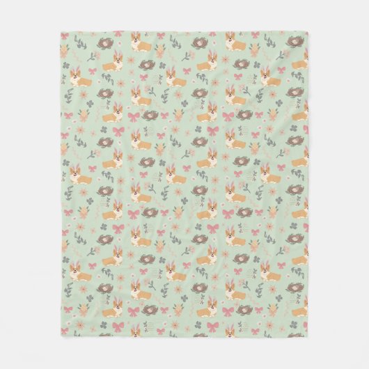 Corgi Mint Garden Floral Seamless Pattern フリースブランケット (正面)