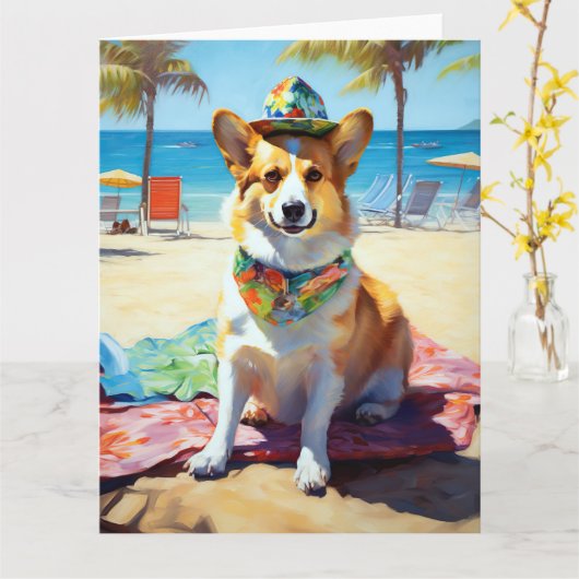 Corgi onビーチ、愛犬家の夏の贈り物 カード (黄色い花)
