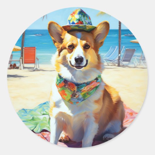 Corgi onビーチ、愛犬家の夏の贈り物 ラウンドシール (正面)