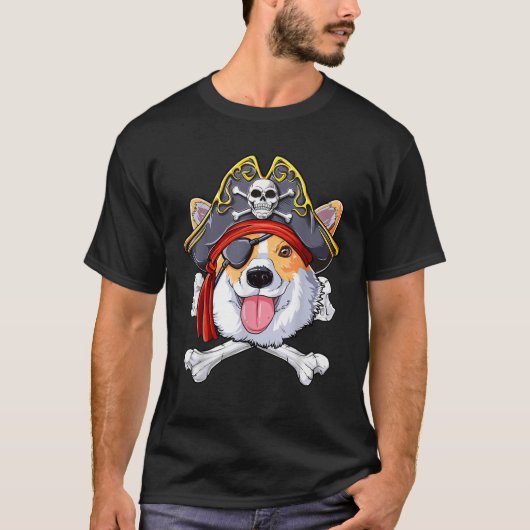 Corgi Pirate Tシャツジョリーロジャー国旗のスカルとCr Tシャツ (正面)