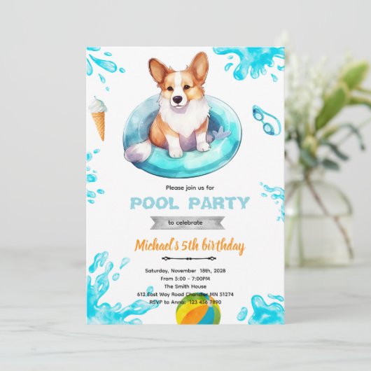 Corgi pool party Invite 招待状 (スタンド正面)