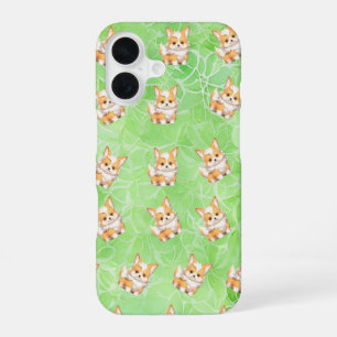 Corgi Puppy with Green Leaves Pattern Phone Case iPhone 16ケース