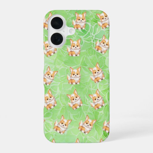 Corgi Puppy with Green Leaves Pattern Phone Case iPhone 16ケース (裏面)