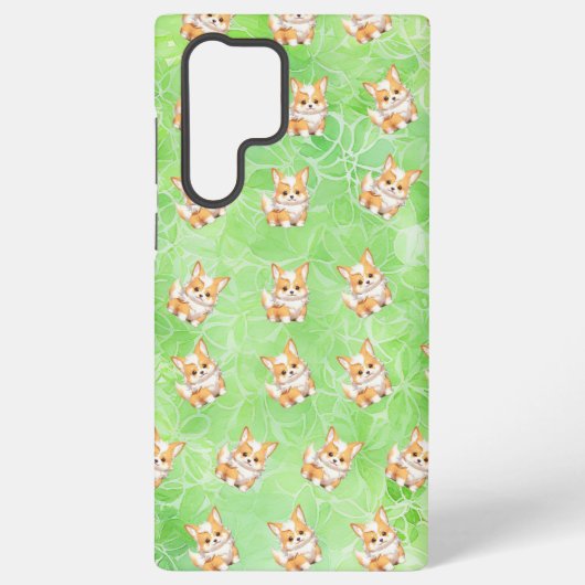 Corgi Puppy with Green Leaves Pattern Phone Case Samsung Galaxyケース (裏面)