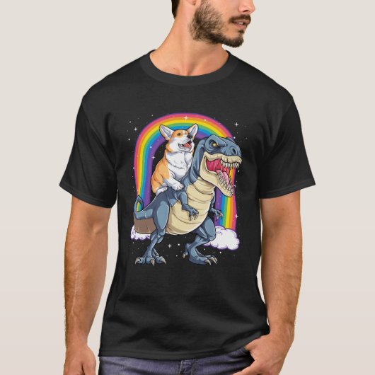 Corgi Riding Dinosaur rex  Men Women Rainbow Tシャツ (正面)