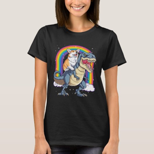 Corgi Riding Dinosaur rex  Men Women Rainbow Tシャツ (正面)