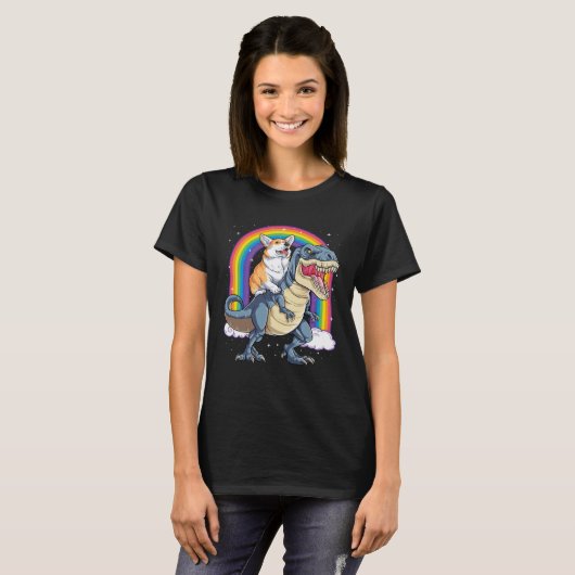 Corgi Riding Dinosaur rex  Men Women Rainbow Tシャツ (正面フル)