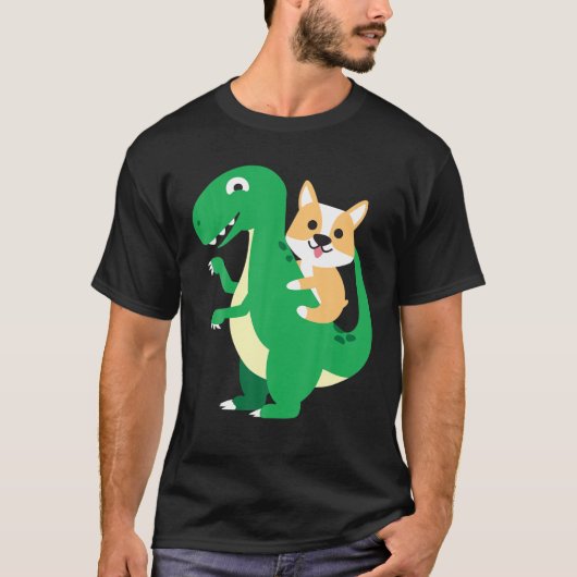 Corgi Riding Rex Cool Dinosaur Dino Dog Halloween Tシャツ (正面)