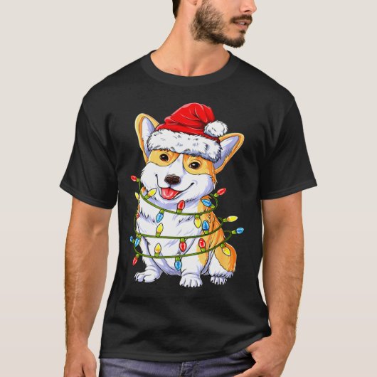 Corgi Santa Christmas Tree Lights Xmas Tシャツ (正面)