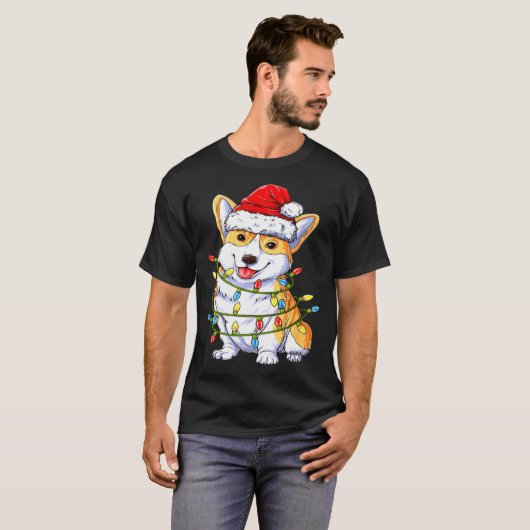 Corgi Santa Christmas Tree Lights Xmas Tシャツ (正面フル)