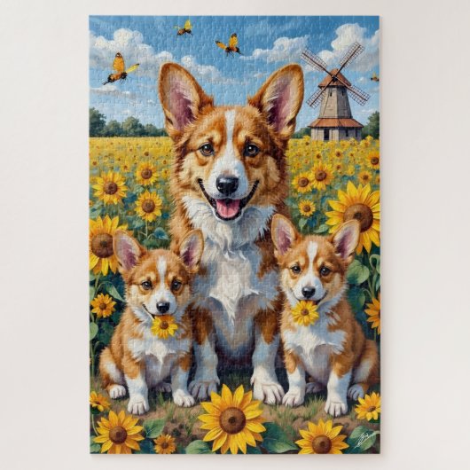 Corgi Sunflower Field Art ジグソーパズル (縦)