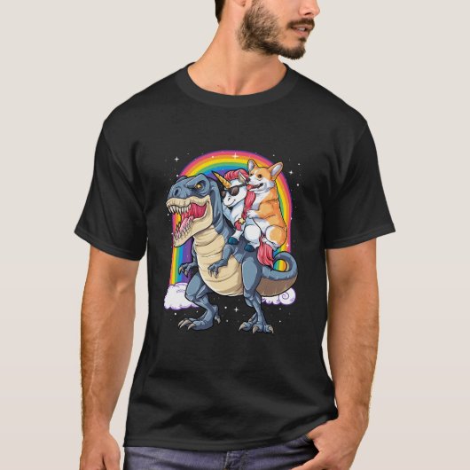 Corgi Unicorn恐竜Tレックスギフトメンズウォーム Tシャツ (正面)