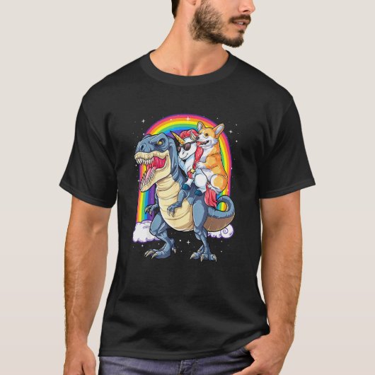 Corgi Unicorn恐竜Tレックスメンズライ Tシャツ (正面)