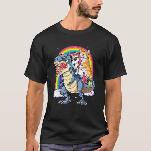 Corgi Unicorn恐竜Tレックスメンズライ Tシャツ (正面)