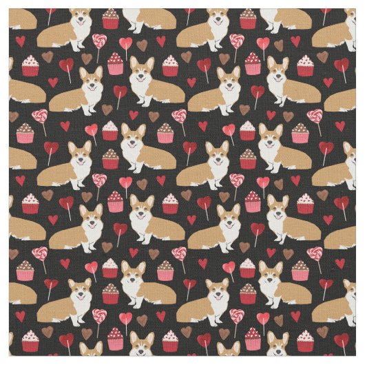 Corgi Valentinesファブリック – 黒 ファブリック (クローズアップ)