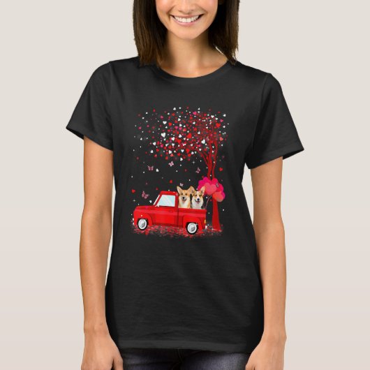 Corgi Valentine's Day Gifts Dogs Red Truck Hearts Tシャツ (正面)