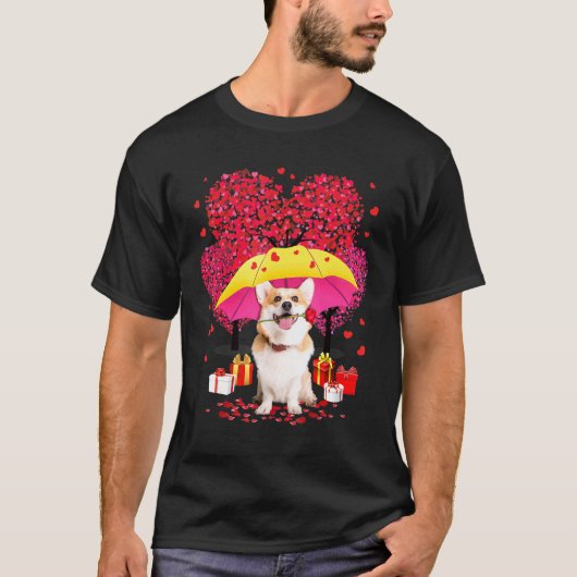 Corgi Valentines Day Three Tree And Raining Hearts Tシャツ (正面)