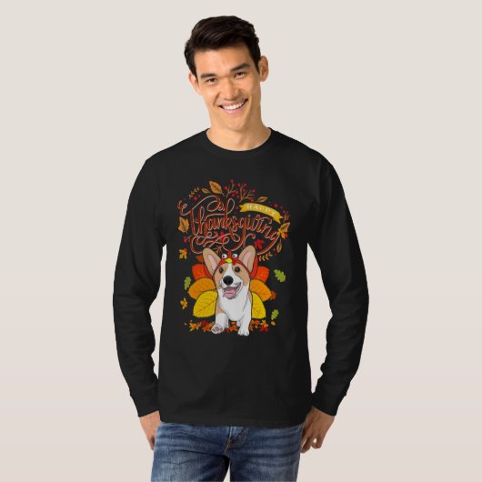 Corgi Wearing Turkey Hat Fall Autumn Thanksgiving Tシャツ (正面フル)
