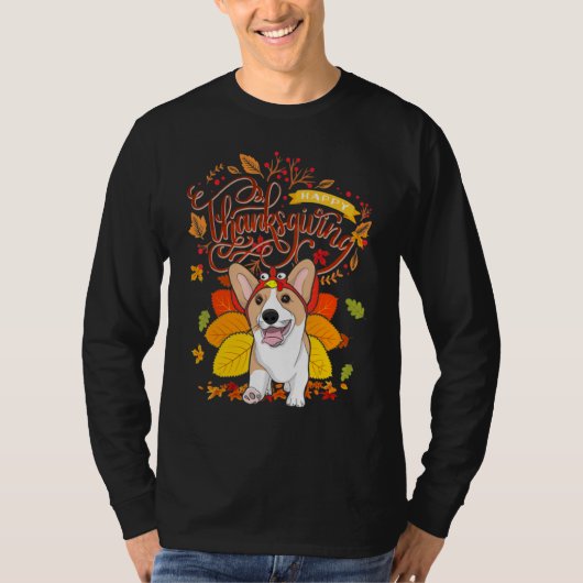 Corgi Wearing Turkey Hat Fall Autumn Thanksgiving Tシャツ (正面)