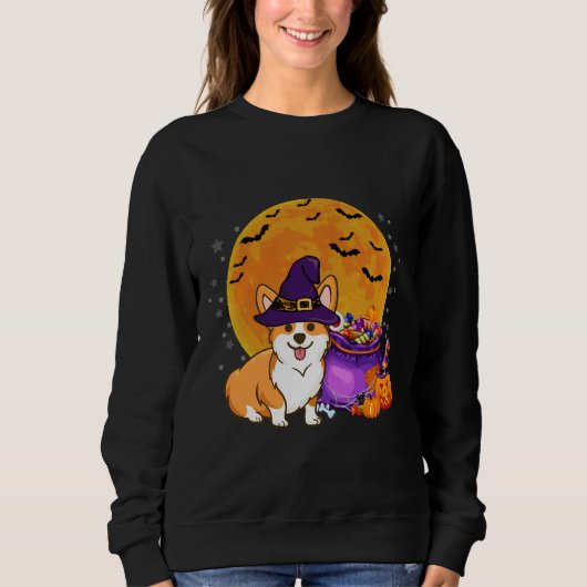 Corgi Witch Autumn Fall Pumpkin Halloween Costume スウェットシャツ (正面)