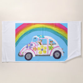 Corgis in Hippie Car at the Beach with a Rainbow ビーチタオル