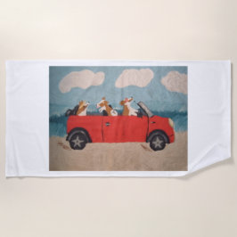 Corgis in red car at the Beach ビーチタオル