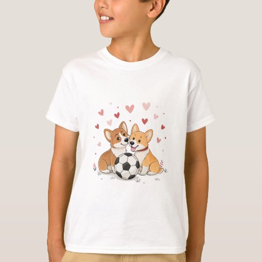 Corgis with soccer ball for Valentine's Day Tシャツ (正面)